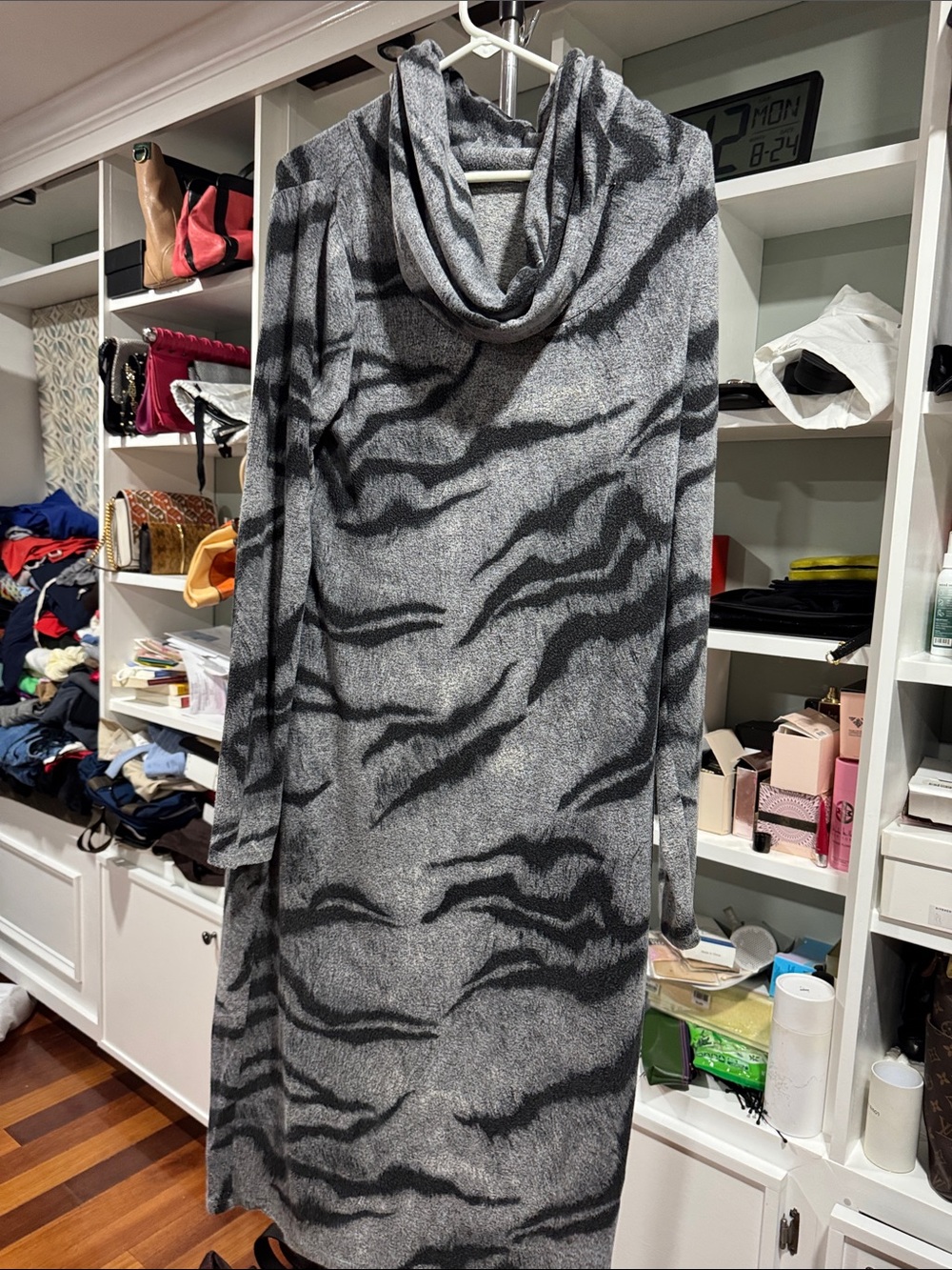 Cowl Neck Long Sleeve Sweater Dress - Gray Tiger Print
